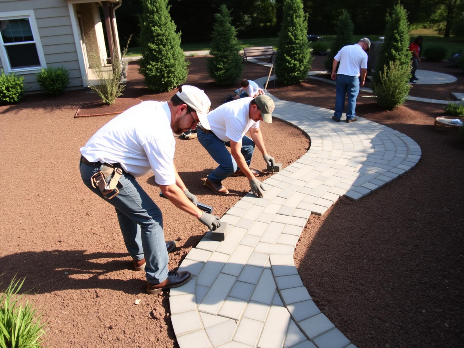 Outdoor Custom Hardscapes crew installing a paver walkway