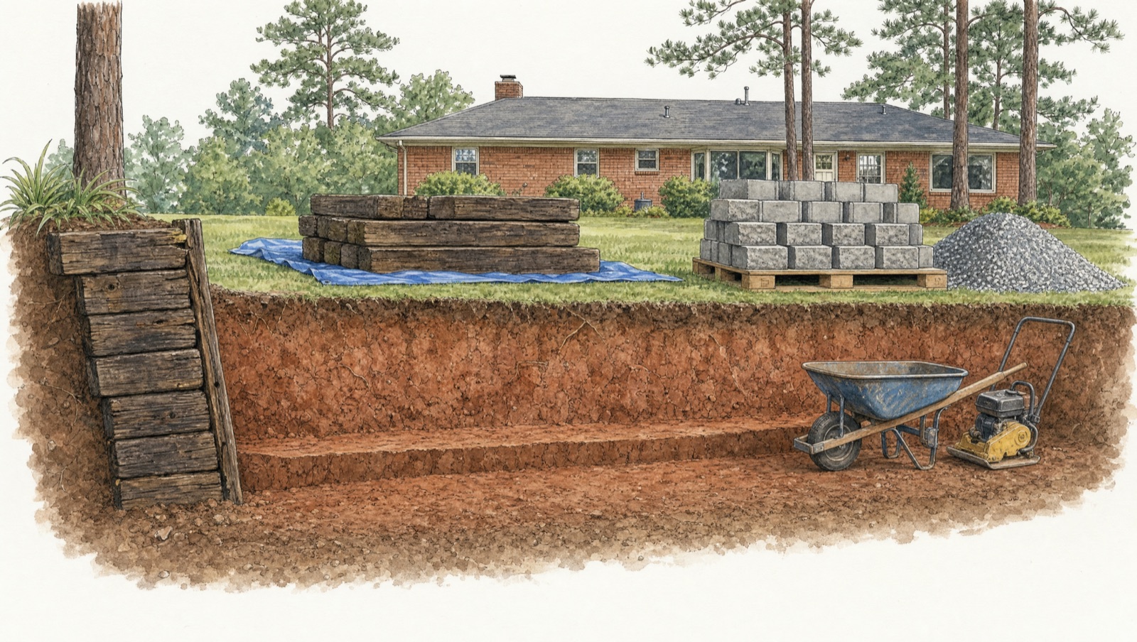 Illustration of removed railroad ties stacked on a tarp beside a new wall trench