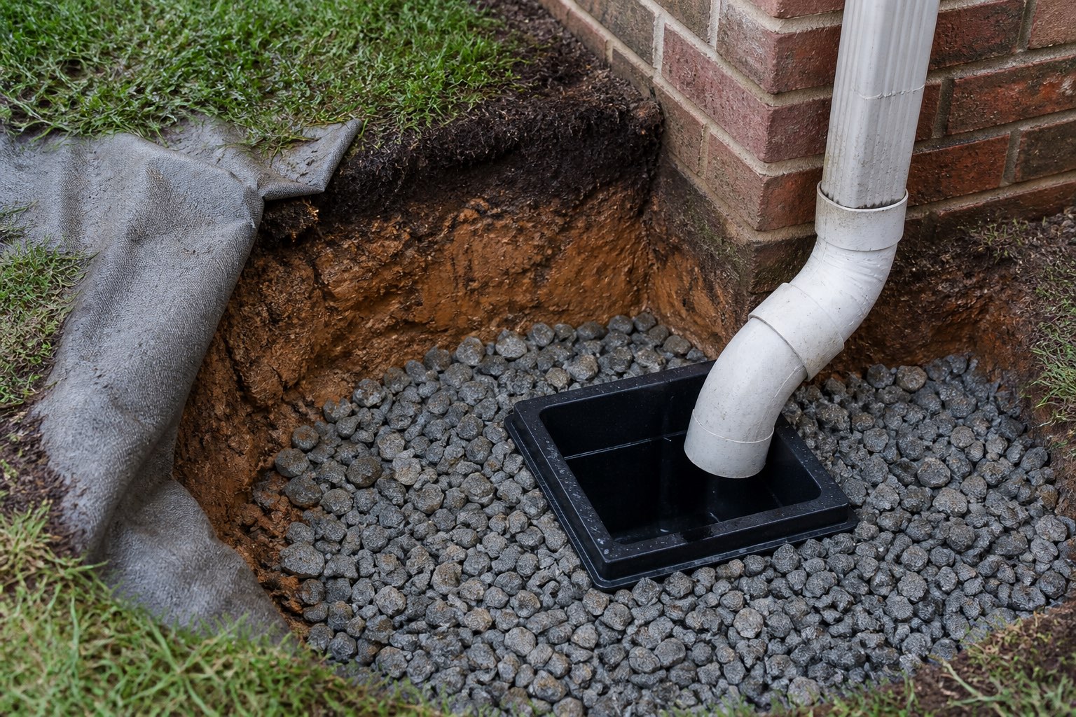 Downspout piped into a catch basin in washed stone above red clay