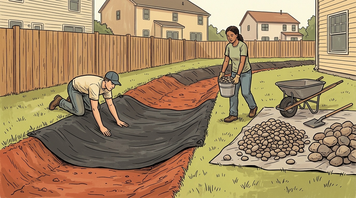 Illustration of a crew laying black fabric in a shallow red clay channel