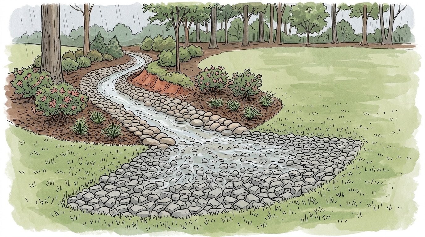 Illustration of a dry creek bed ending in a stone apron on lawn