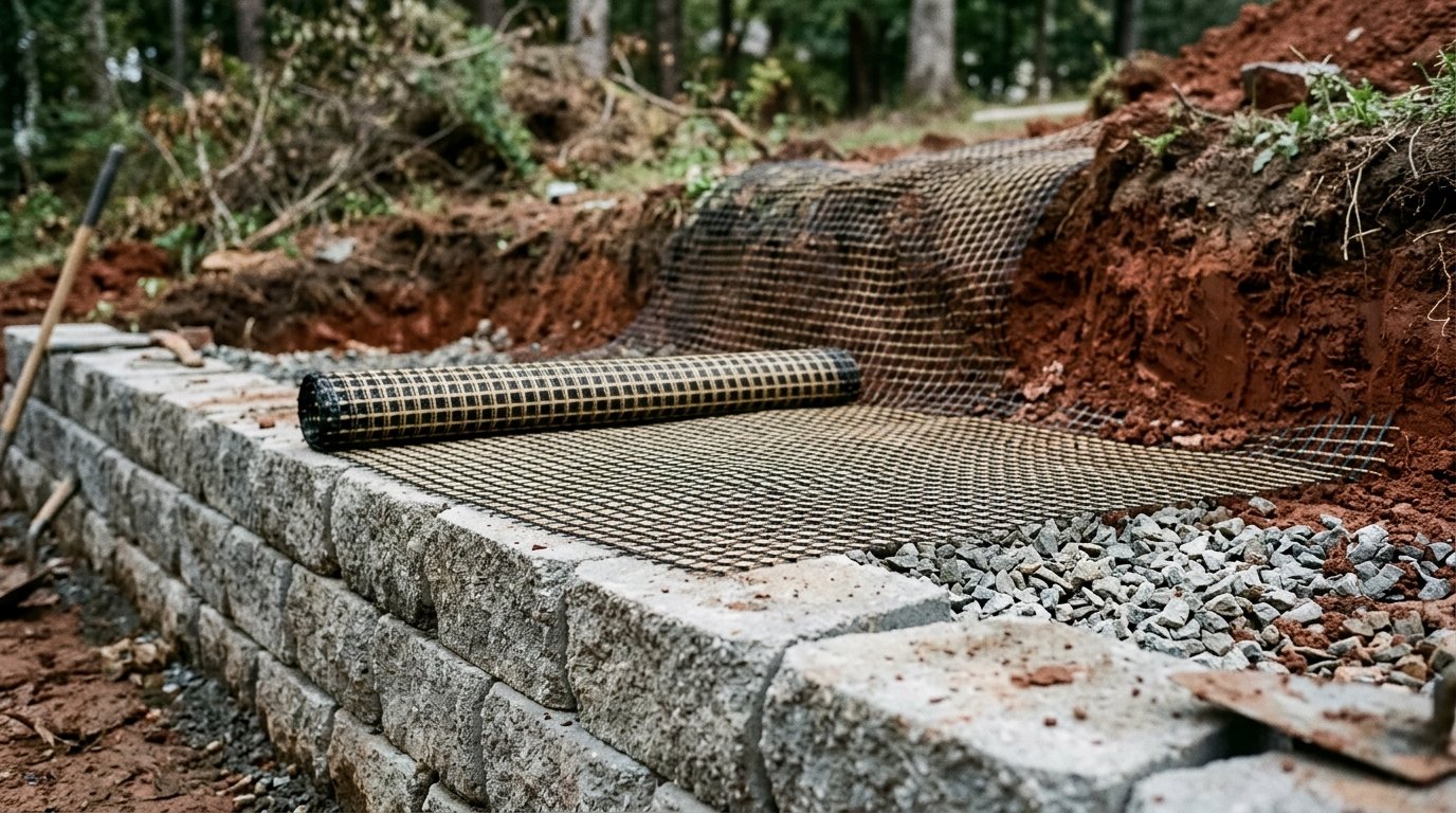Geogrid mesh unrolled across a block course and back into the excavation