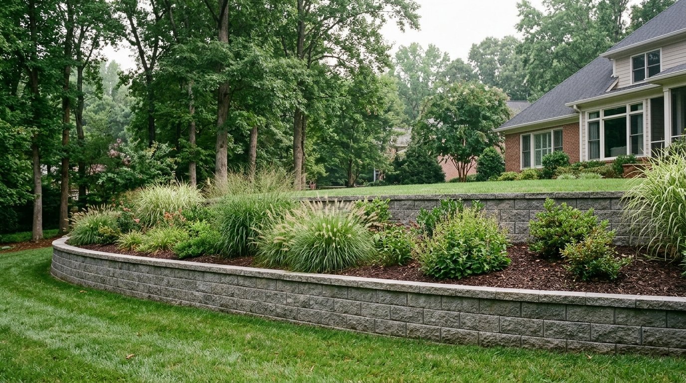 Two-tier block retaining wall with a wide planted strip between the tiers