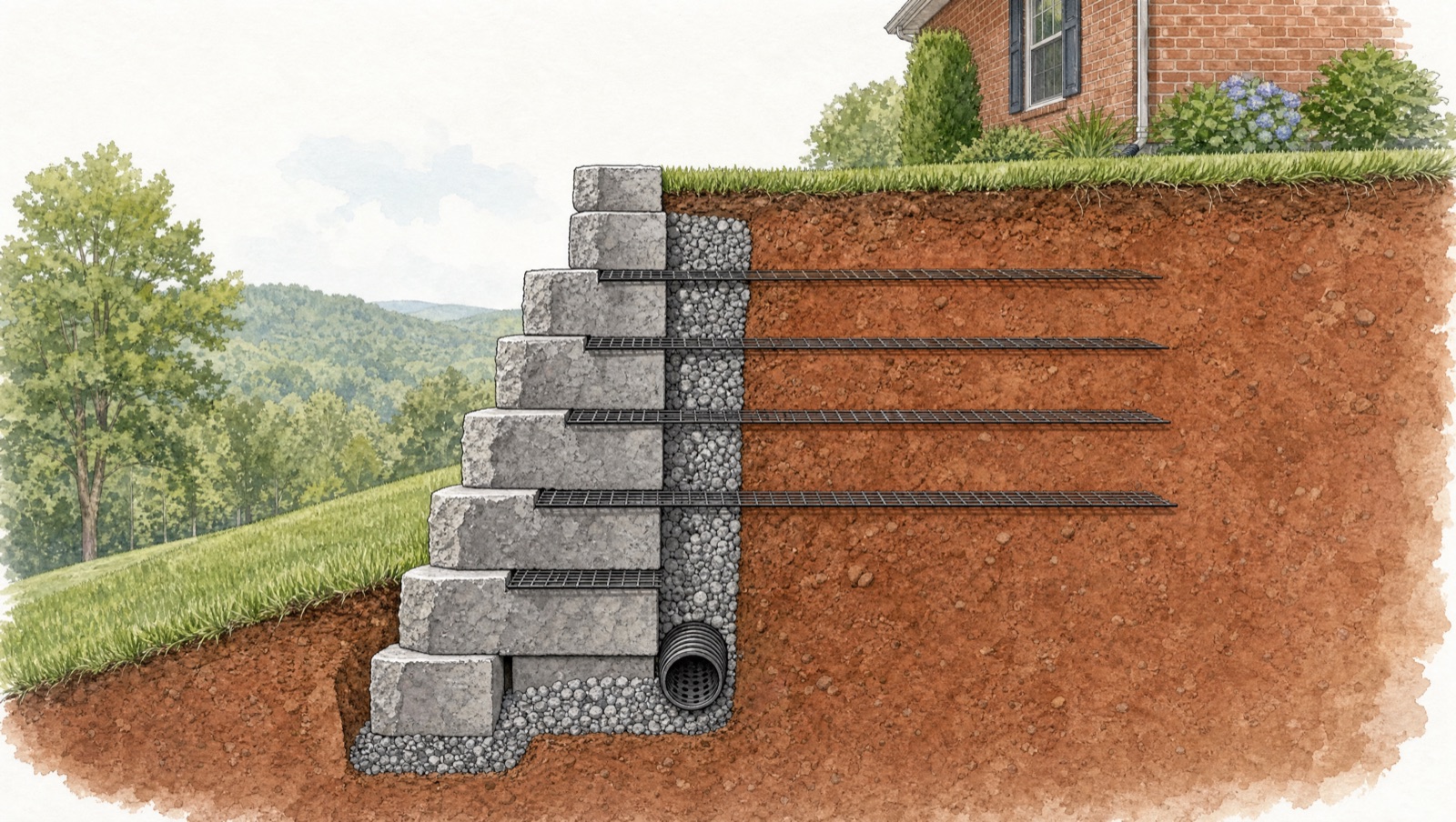 Cutaway illustration of a block retaining wall with drain stone, pipe and geogrid